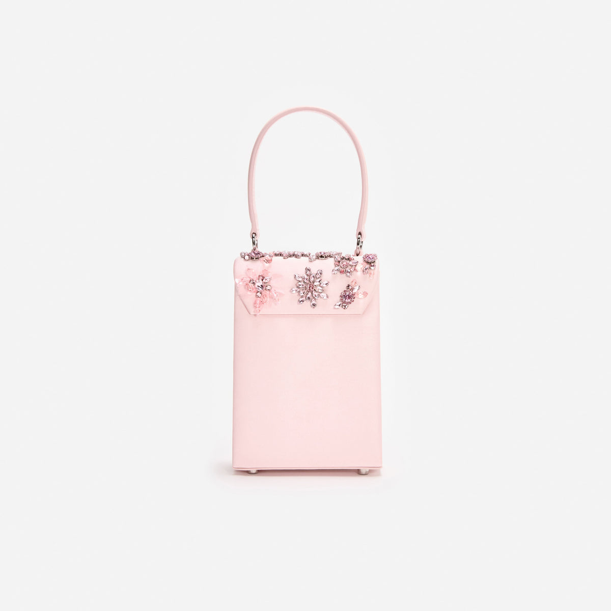 Pembe Saten Çiçek ve Kristal Detaylı Mini Çanta