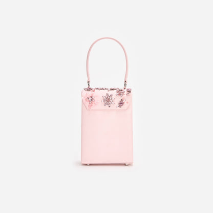 Pembe Saten Çiçek ve Kristal Detaylı Mini Çanta