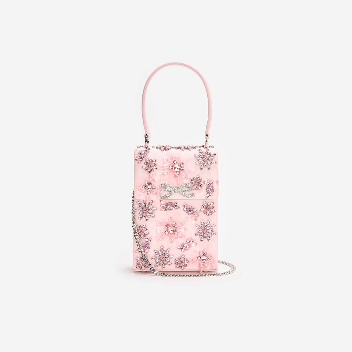 Pembe Saten Çiçek ve Kristal Detaylı Mini Çanta