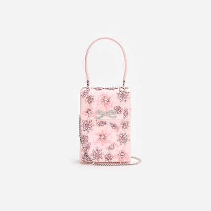 Pembe Saten Çiçek ve Kristal Detaylı Mini Çanta