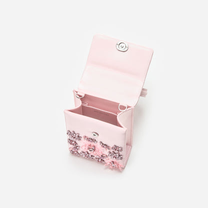 Pembe Saten Çiçek ve Kristal Detaylı Mini Çanta