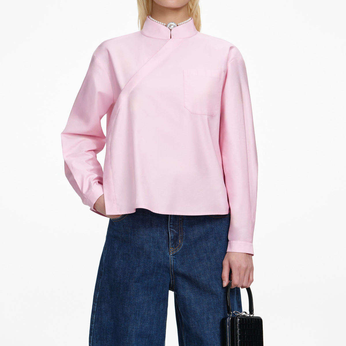 Pembe Asimetrik Pamuklu Gömlek