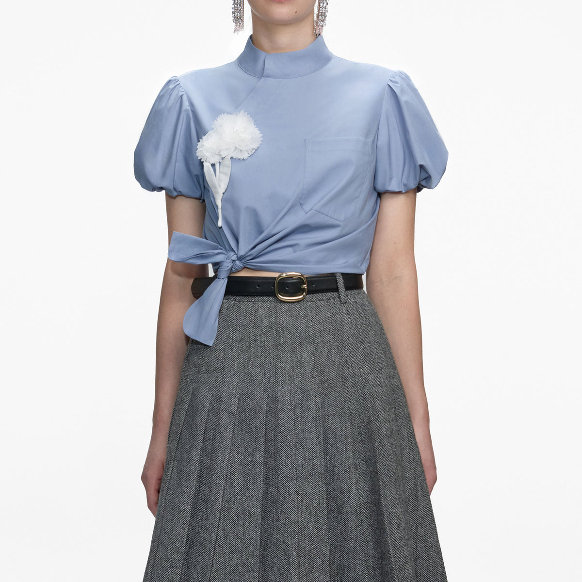 Mavi Fiyonk Detaylı Pamuklu Crop Bluz