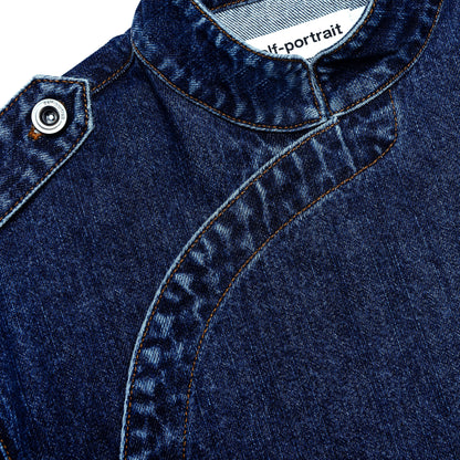 Mavi Asimetrik Yaka Denim Gömlek