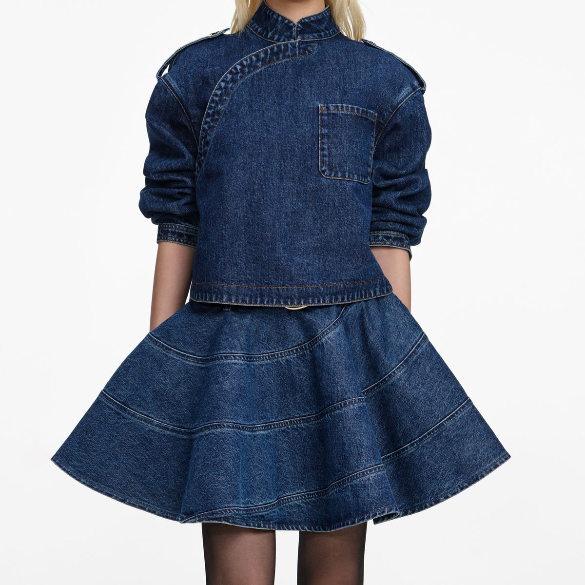 Mavi Asimetrik Yaka Denim Gömlek