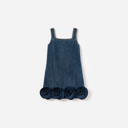 Mavi Çiçek Detaylı Denim Çocuk Mini Elbise