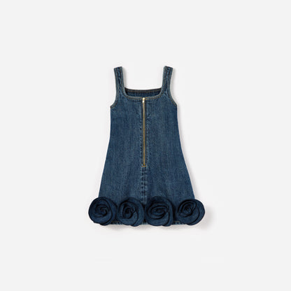 Mavi Çiçek Detaylı Denim Çocuk Mini Elbise