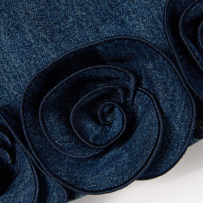Mavi Çiçek Detaylı Denim Çocuk Mini Elbise