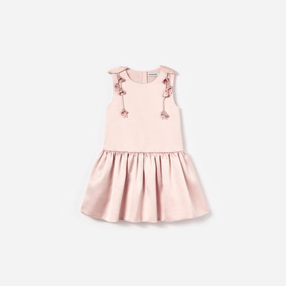 Pembe Çiçek Motif Detaylı Saten Kolsuz Çocuk Elbise