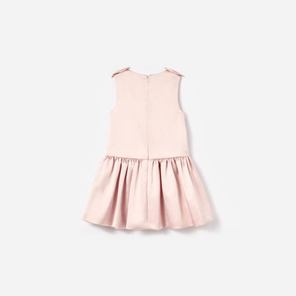 Pembe Çiçek Motif Detaylı Saten Kolsuz Çocuk Elbise