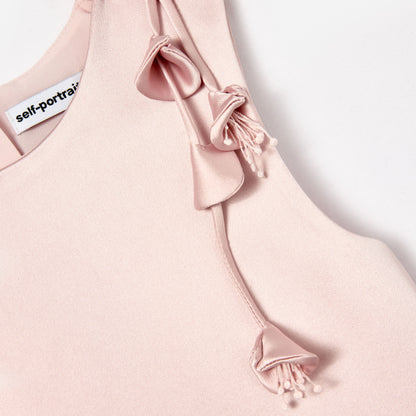 Pembe Çiçek Motif Detaylı Saten Kolsuz Çocuk Elbise