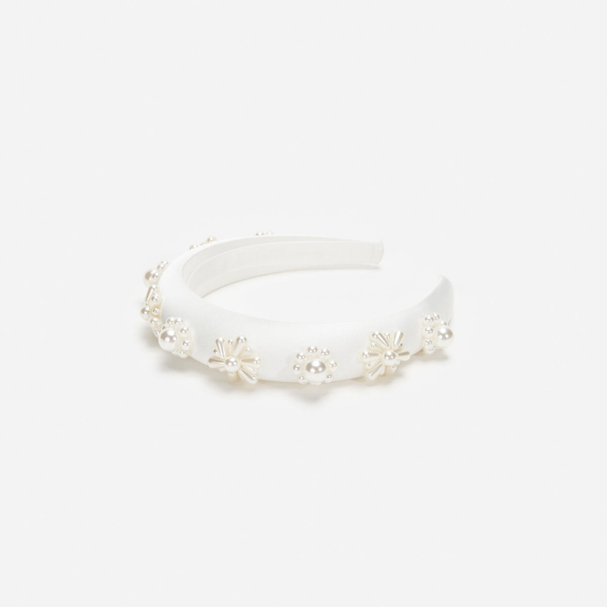 Beyaz İnci Çiçek Detaylı Saten Çocuk Taç