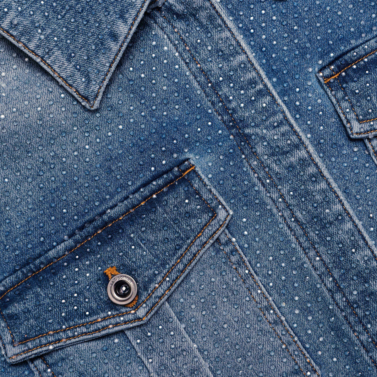Mavi Taşlı Denim Şort Tulum