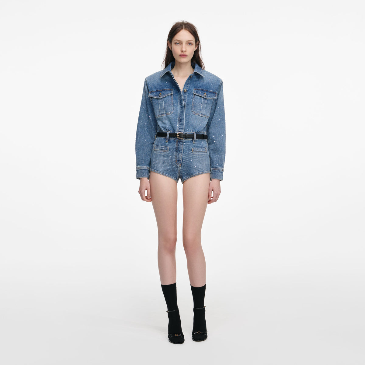 Mavi Taşlı Denim Şort Tulum