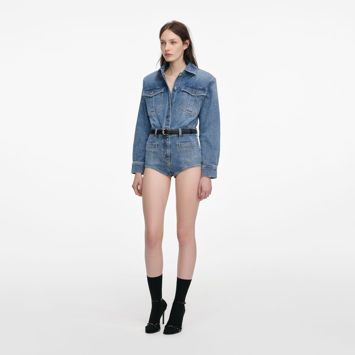 Mavi Taşlı Denim Şort Tulum