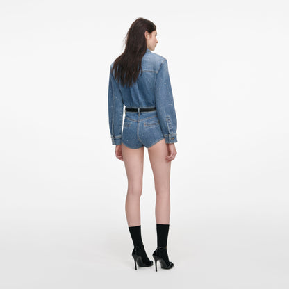 Mavi Taşlı Denim Şort Tulum