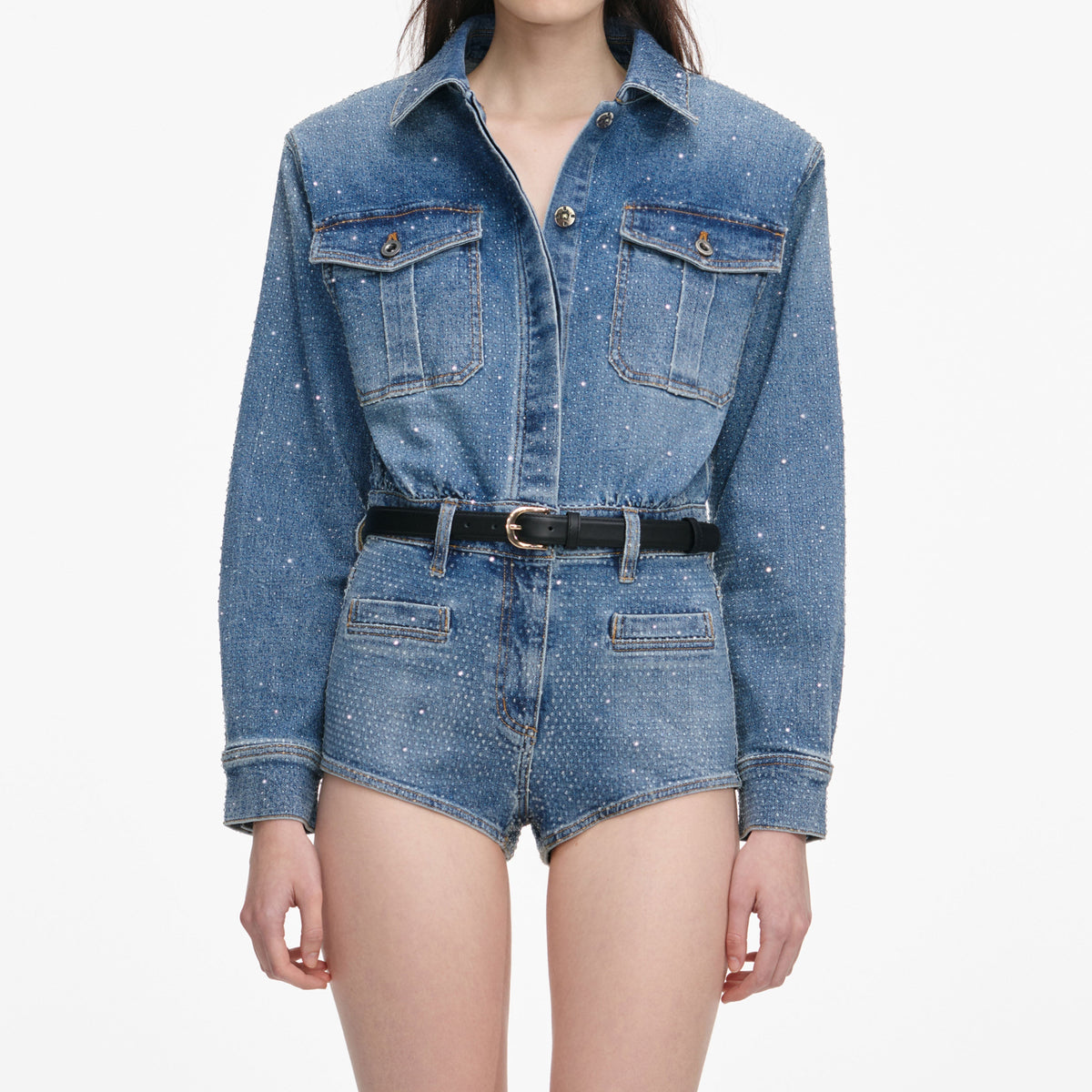 Mavi Taşlı Denim Şort Tulum