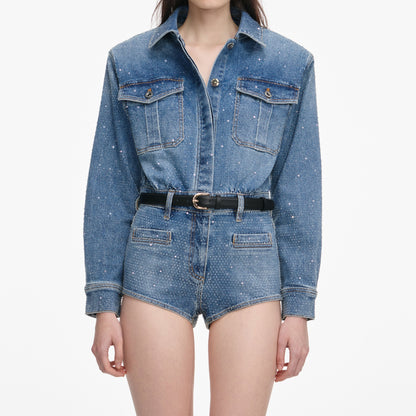 Mavi Taşlı Denim Şort Tulum