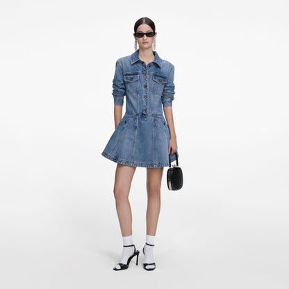 Mavi Düğme Detaylı Denim Mini Gömlek Elbise