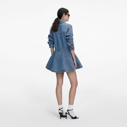 Mavi Düğme Detaylı Denim Mini Gömlek Elbise
