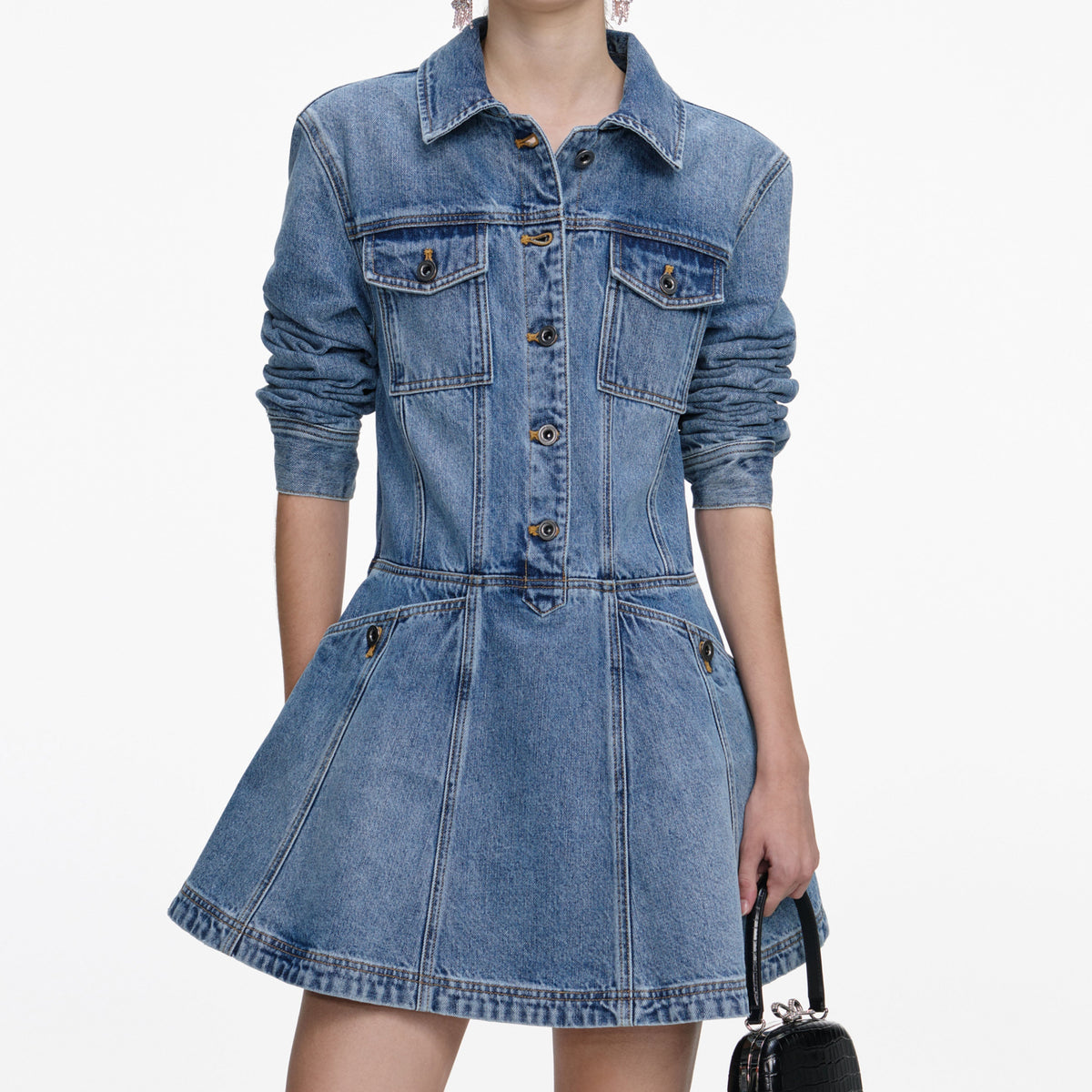 Mavi Düğme Detaylı Denim Mini Gömlek Elbise