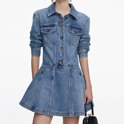 Mavi Düğme Detaylı Denim Mini Gömlek Elbise