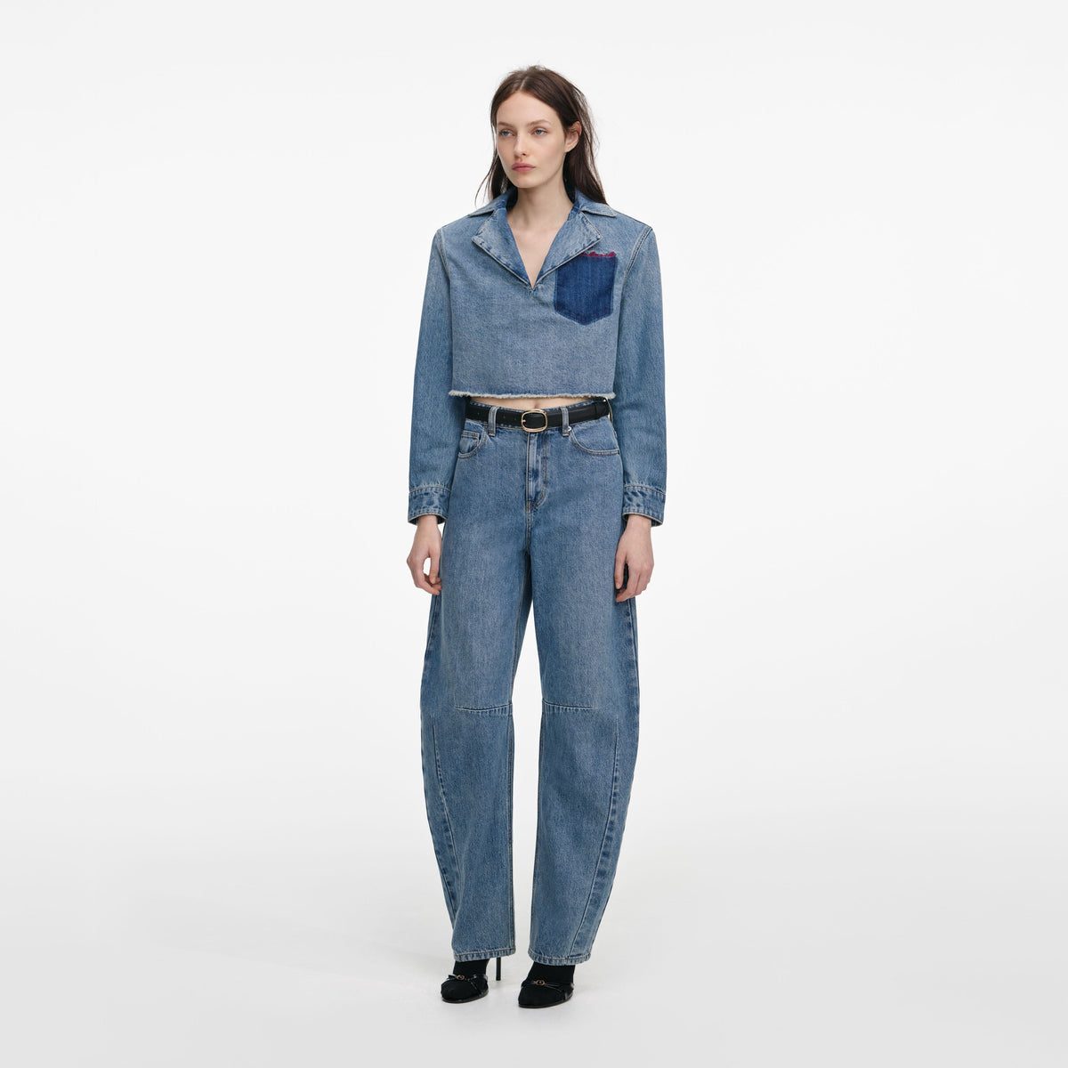 Açık Mavi Nakışlı Kısa Denim Gömlek