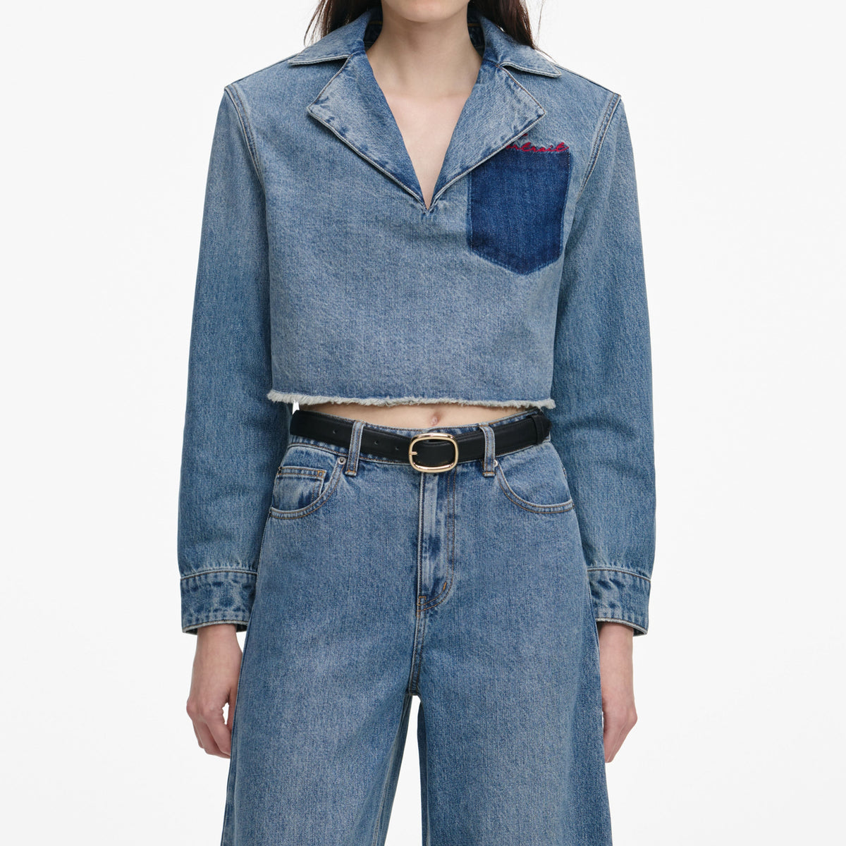 Açık Mavi Nakışlı Kısa Denim Gömlek