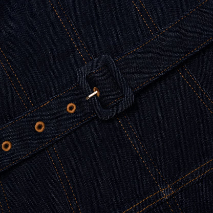 İndigo Kemer Detaylı Geniş Etekli Denim Midi Elbise