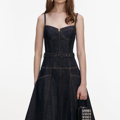 İndigo Kemer Detaylı Geniş Etekli Denim Midi Elbise