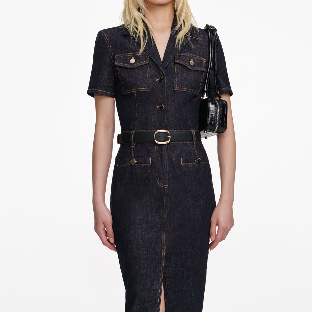İndigo Kemer Detaylı Denim Midi Elbise