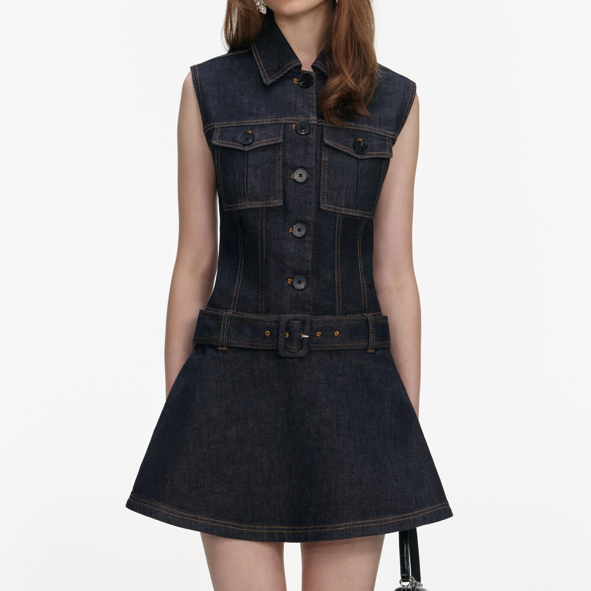 Koyu Mavi Geniş Etekli Denim Mini Elbise