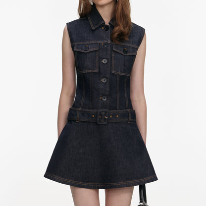 Koyu Mavi Geniş Etekli Denim Mini Elbise