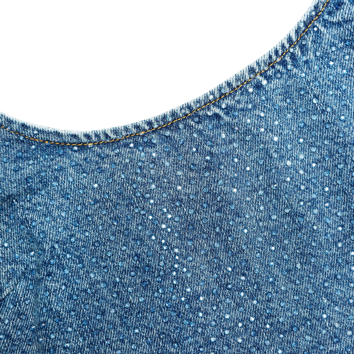 Mavi Taş ve Fermuar Detaylı Denim Crop Top