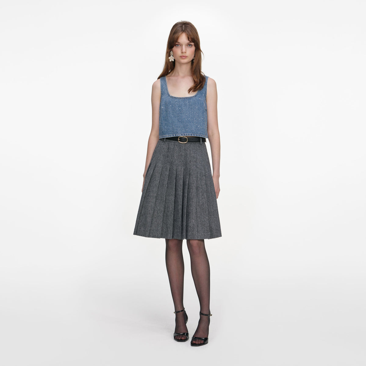Mavi Taş ve Fermuar Detaylı Denim Crop Top