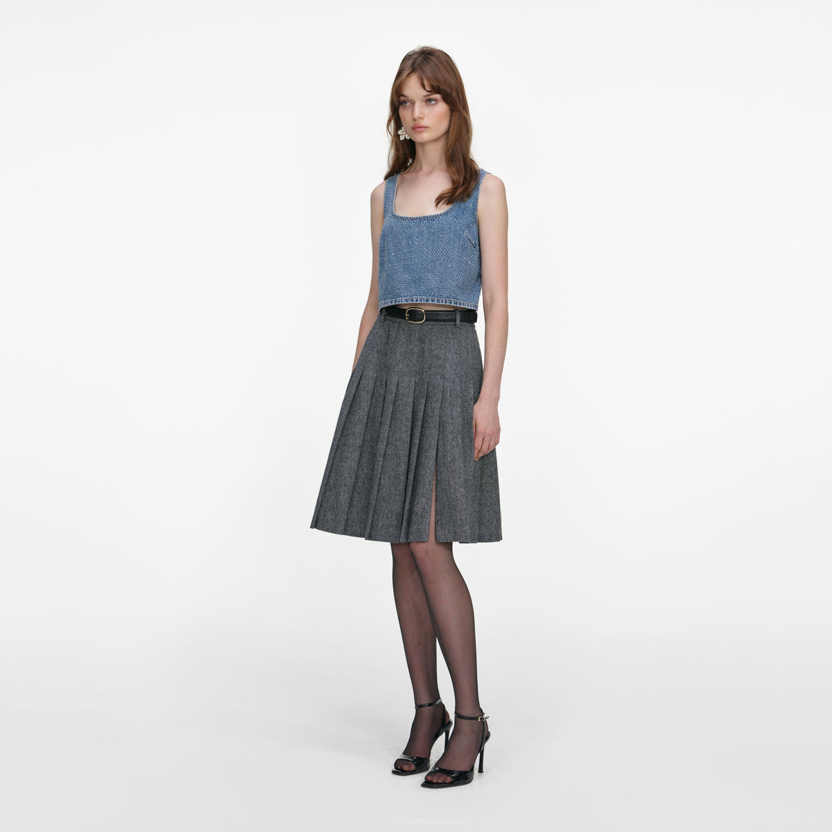 Mavi Taş ve Fermuar Detaylı Denim Crop Top