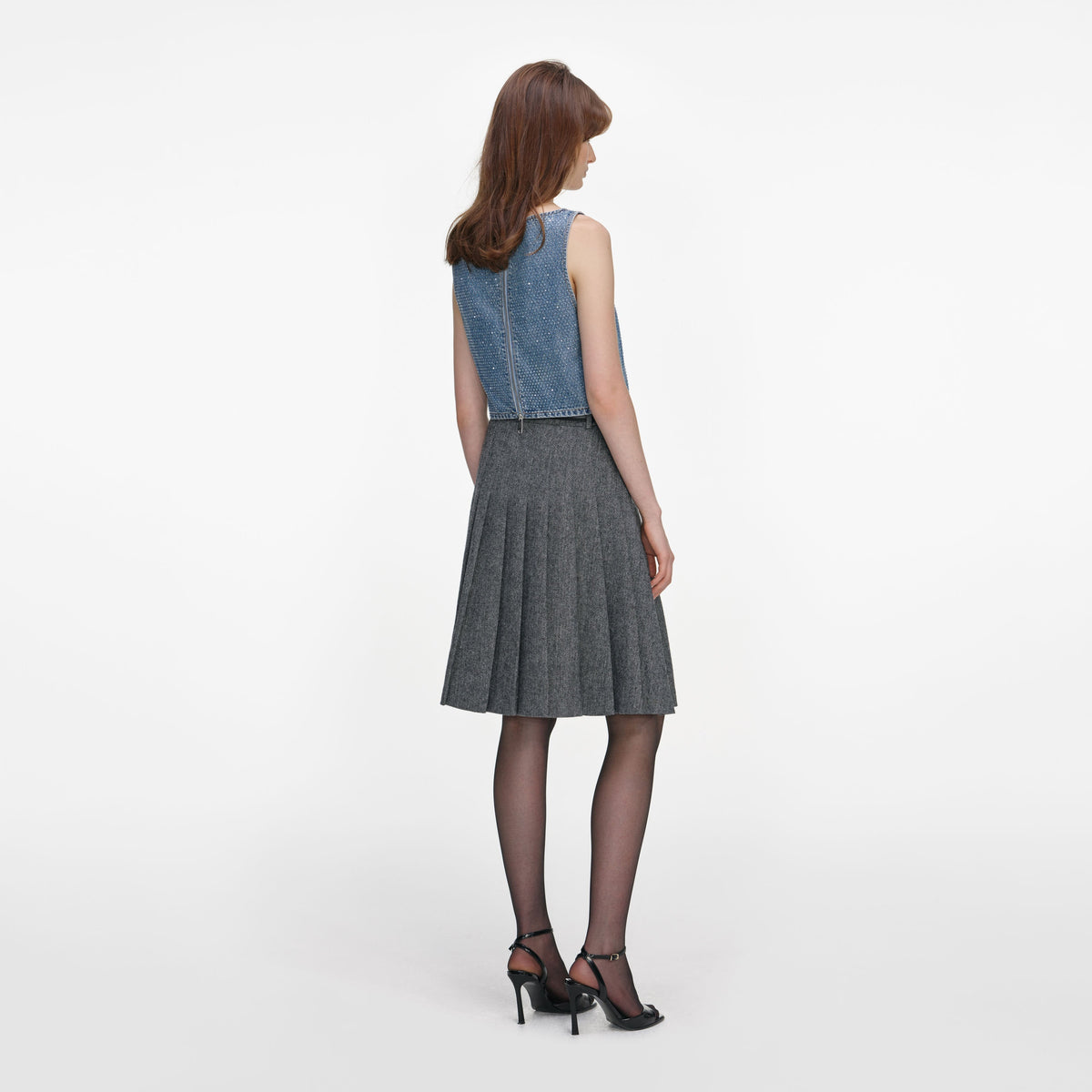 Mavi Taş ve Fermuar Detaylı Denim Crop Top