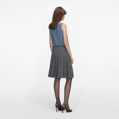 Mavi Taş ve Fermuar Detaylı Denim Crop Top