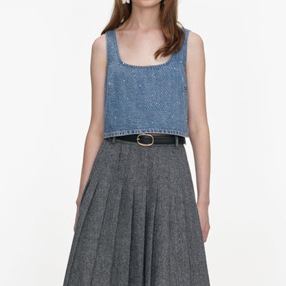 Mavi Taş ve Fermuar Detaylı Denim Crop Top