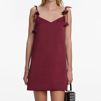 Bordo Saten Çiçek Detaylı Mini Elbise