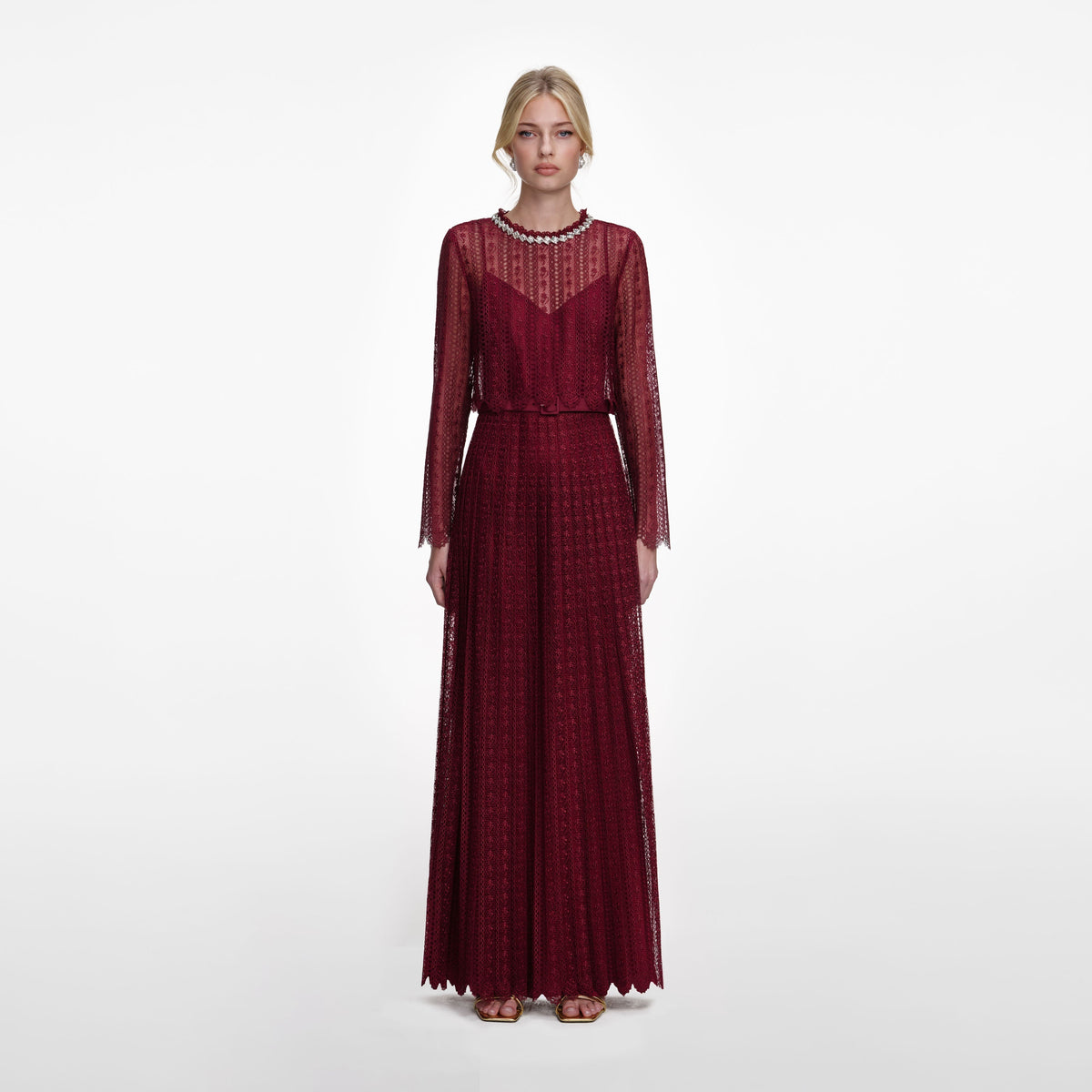 Bordo Organze Dantel Detaylı Maksi Elbise