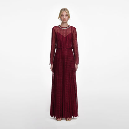 Bordo Organze Dantel Detaylı Maksi Elbise