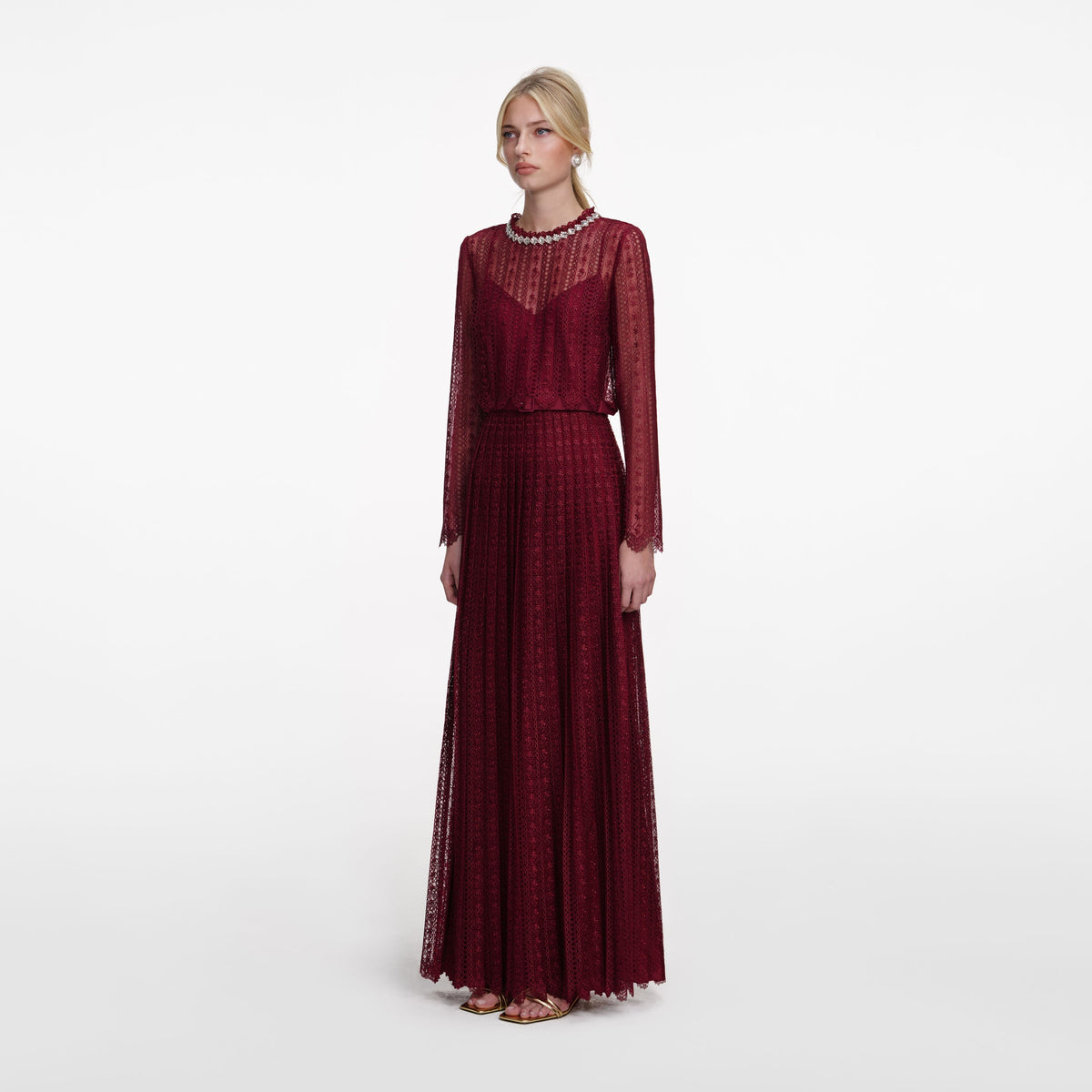 Bordo Organze Dantel Detaylı Maksi Elbise