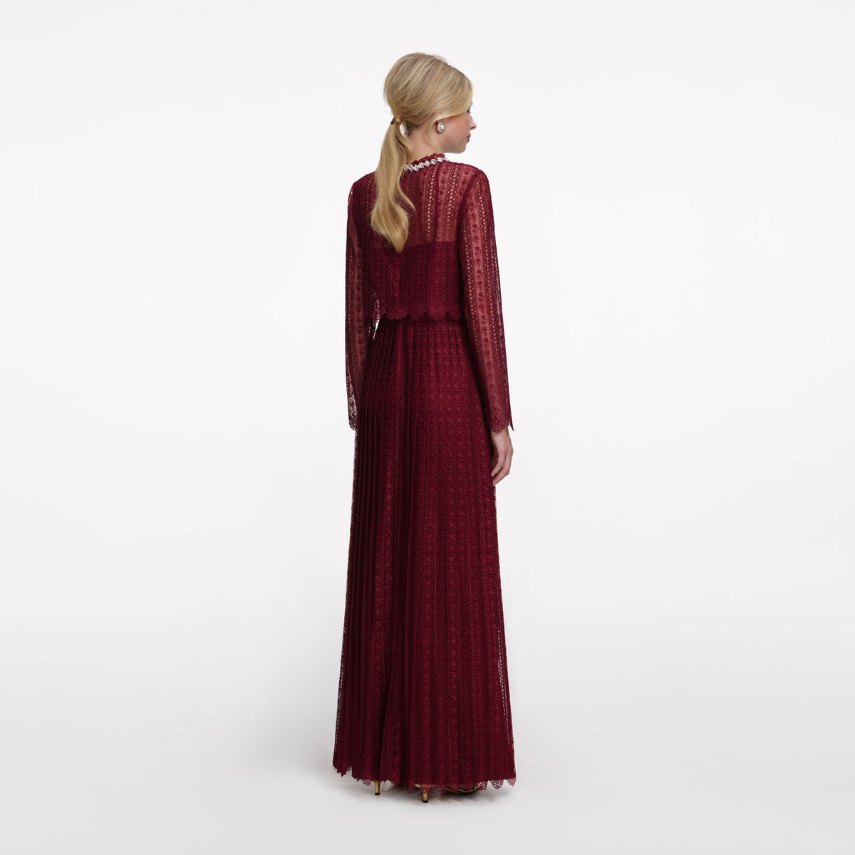 Bordo Organze Dantel Detaylı Maksi Elbise
