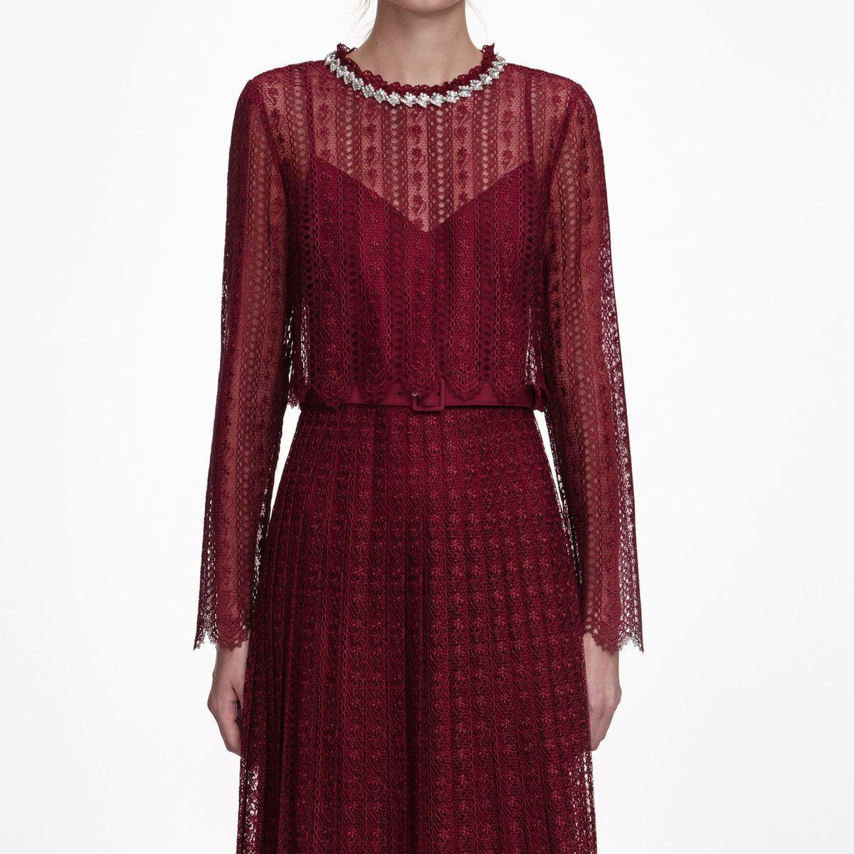 Bordo Organze Dantel Detaylı Maksi Elbise