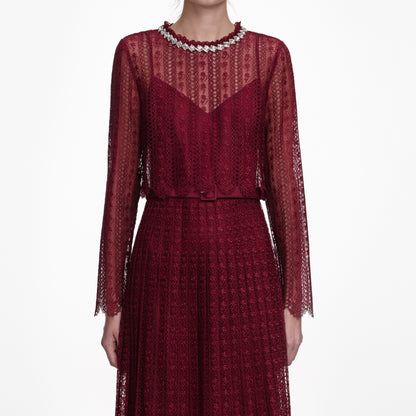 Bordo Organze Dantel Detaylı Maksi Elbise