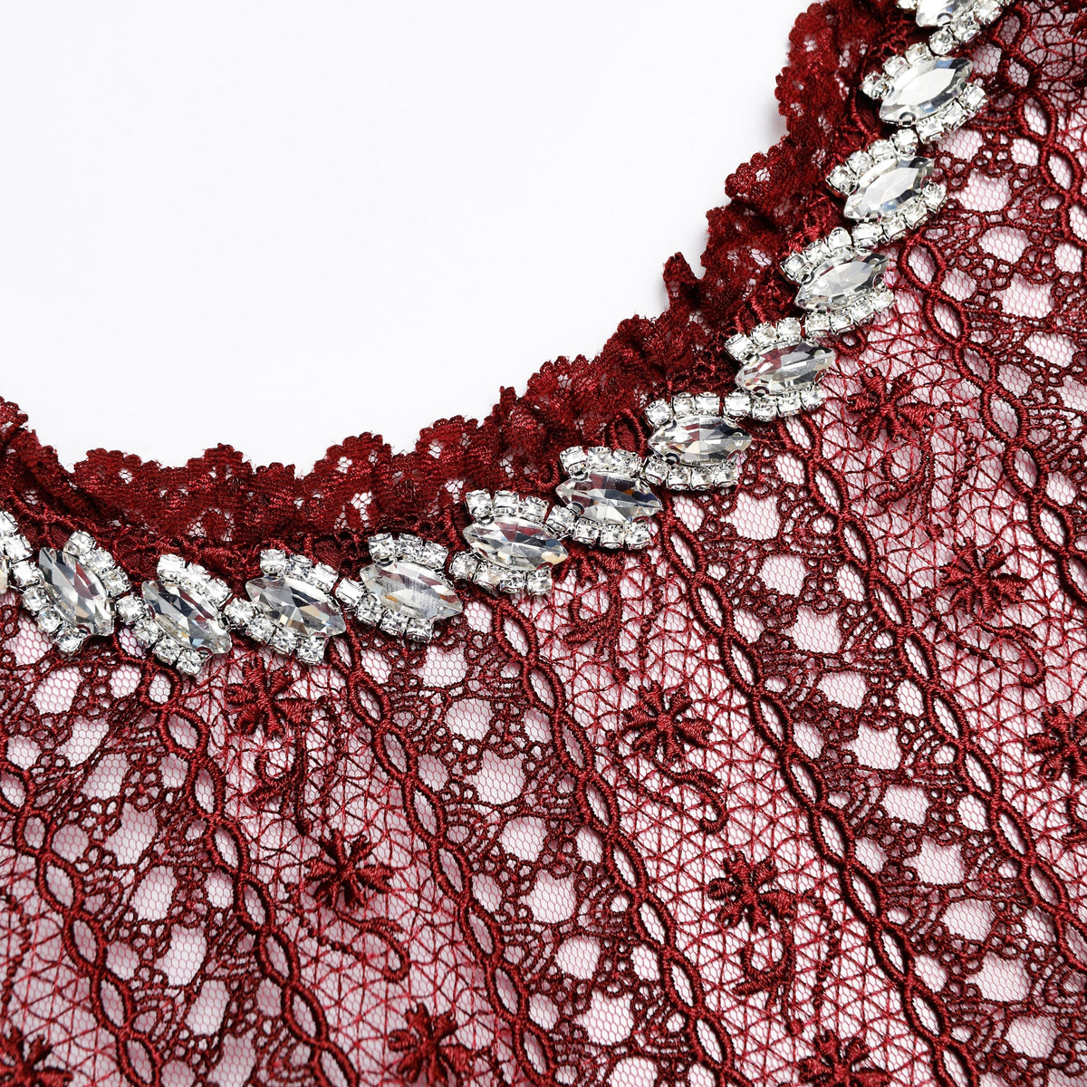 Bordo Organze Dantel Detaylı Maksi Elbise