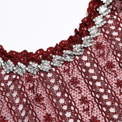 Bordo Organze Dantel Detaylı Maksi Elbise