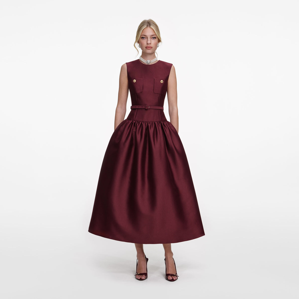 Bordo Tafta Midi Elbise