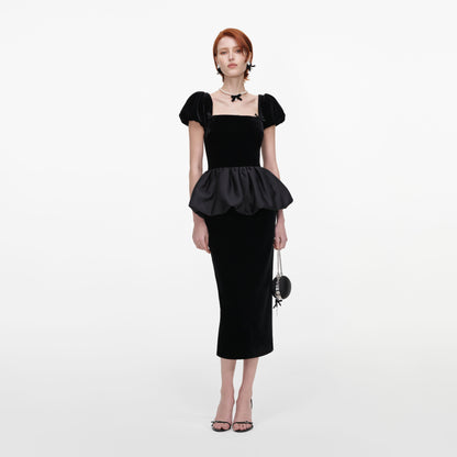 Siyah Kadife Balon Peplum Detaylı Midi Elbise